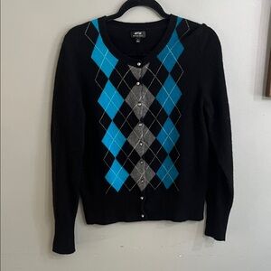 Apt. 9 Women's Black Cardigan with Blue and Gray Argyle 100% Cashmere Sweater